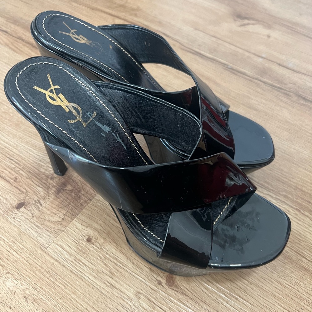 Yves Saint Laurent Black Patent Leather Platform Mules | YSL Heels | Size 40